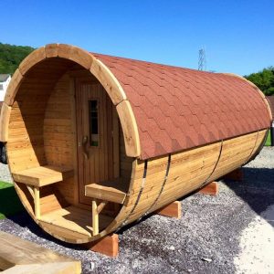 Thermowood Barrel Sauna from Carr Bank Garden Centre