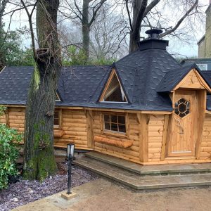 10m Sloping Wall Grill Cabin with extension & roof windows