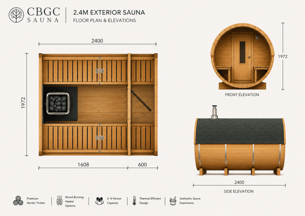 2.4m Thermowood Barrel Sauna Floor Plan and Elevations - Dimensions and Layout