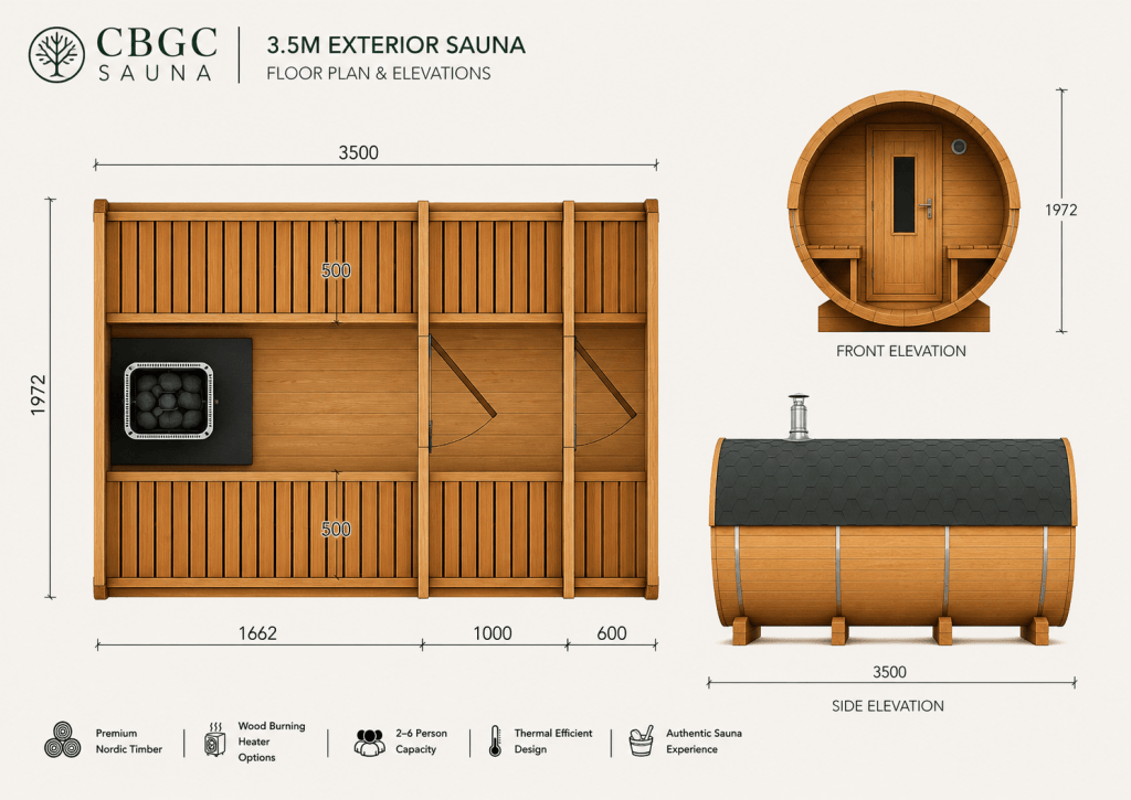 3.5m Thermowood Barrel Sauna Floor Plan and Elevations - Dimensions and Layout