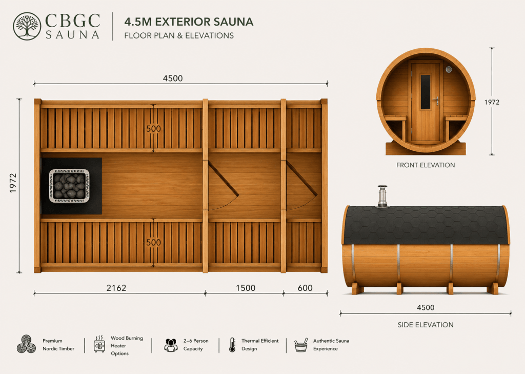 4.5m Thermowood Barrel Sauna Floor Plan and Elevations - Dimensions and Layout
