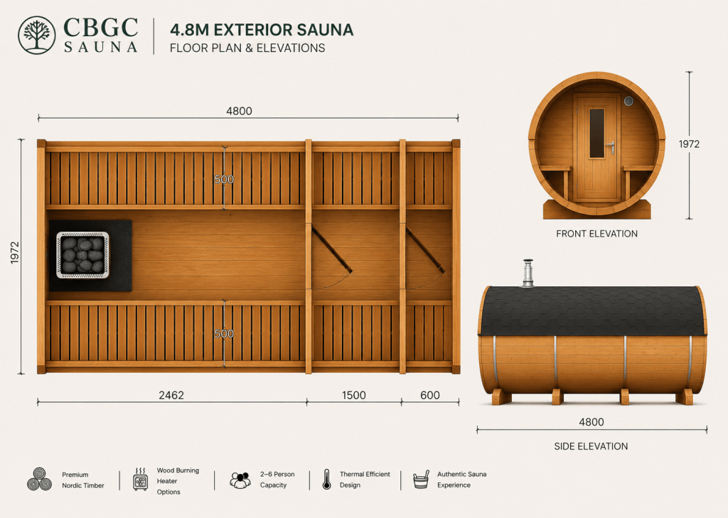 4.8m Barrel Sauna Floor Plan and Dimensions