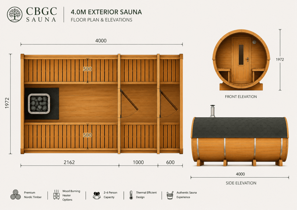 4m Thermowood Barrel Sauna Floor Plan and Elevations - Dimensions and Layout