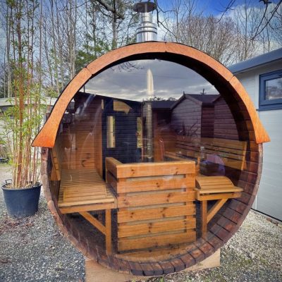 3.5m Ex Display Thermowood Barrel Sauna Panoramic Glass Wall