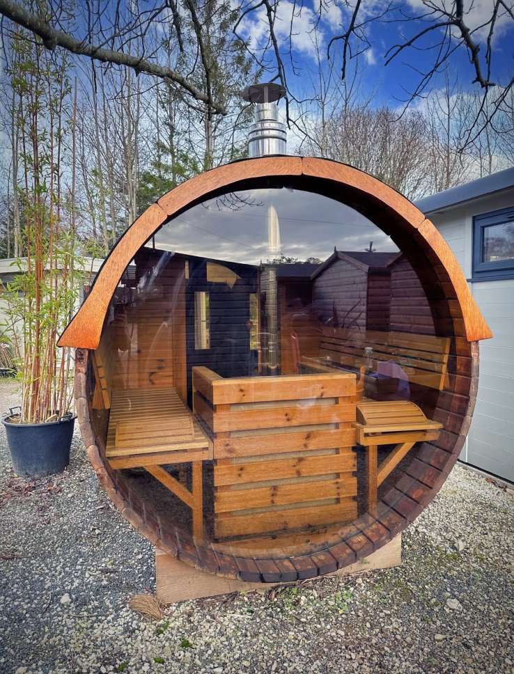 3.5m Ex Display Thermowood Barrel Sauna Panoramic Glass Wall 3.5m Ex Display Thermowood Barrel Sauna Panoramic Glass Wall