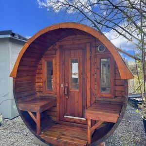 3.5m Ex Display Thermowood Barrel Sauna Panoramic Glass Wall