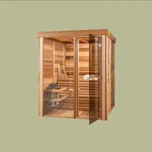 Pure Cube indoor sauna Red Cedar with tinted glass front – private home sauna from Carr Bank Garden Centre