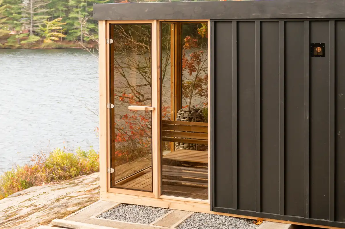 Fifth garden view of the Pure Cube modern outdoor sauna – available at Carr Bank Garden Centre. Pure Cube modern outdoor sauna garden view – outdoor sauna from Carr Bank Garden Centre Cumbria
