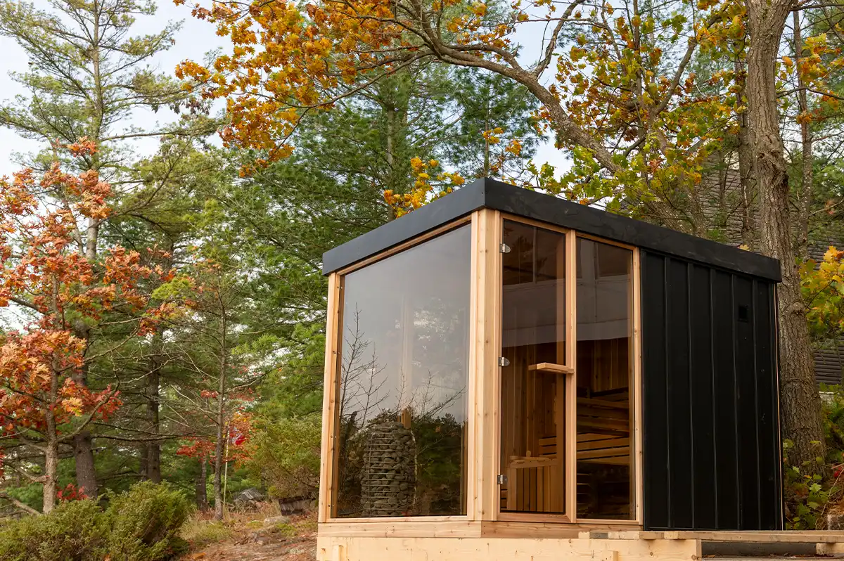 Fourth garden view of the Pure Cube modern outdoor sauna – at Carr Bank Garden Centre, Cumbria. Pure Cube modern outdoor sauna fourth garden view – luxury sauna from Carr Bank Garden Centre