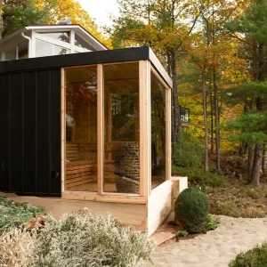 Pure Cube modern outdoor sauna primary garden view – luxury cube sauna from Carr Bank Garden Centre