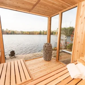 Pure Cube modern outdoor sauna second garden view – luxury outdoor sauna from Carr Bank Garden Centre