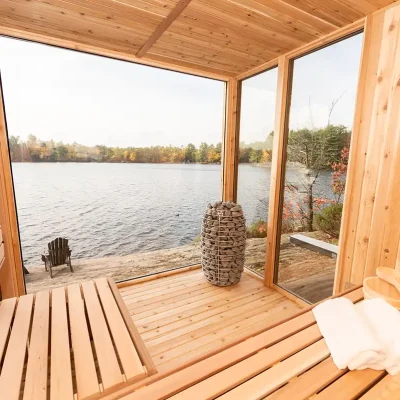Pure Cube modern outdoor sauna second garden view – luxury outdoor sauna from Carr Bank Garden Centre