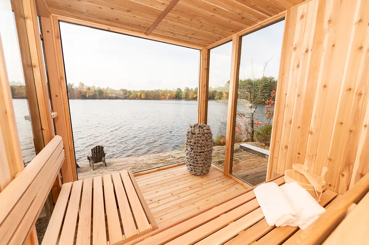 Second garden view of the Pure Cube modern outdoor sauna – at Carr Bank Garden Centre, Cumbria. Pure Cube modern outdoor sauna second garden view – luxury outdoor sauna from Carr Bank Garden Centre