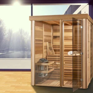 Pure Cube indoor sauna Red Cedar semi-privacy design – home sauna from Carr Bank Garden Centre Cumbria