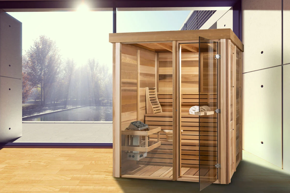 The Pure Cube Indoor Sauna in Red Cedar with semi-privacy design – at Carr Bank Garden Centre. Pure Cube indoor sauna Red Cedar semi-privacy design – home sauna from Carr Bank Garden Centre Cumbria