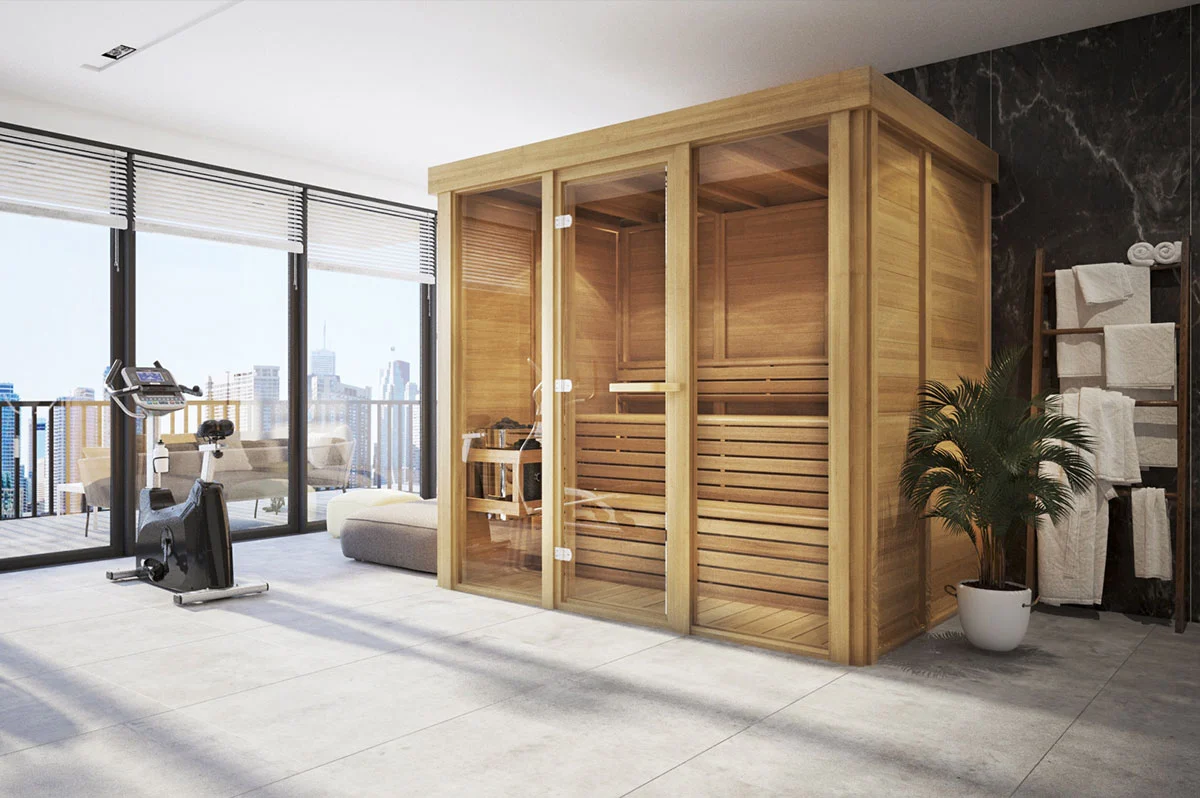 Interior view of the Pure Cube Indoor Sauna in Red Cedar knotty – available at Carr Bank Garden Centre. Pure Cube indoor sauna Red Cedar knotty interior view – home sauna from Carr Bank Garden Centre Cumbria