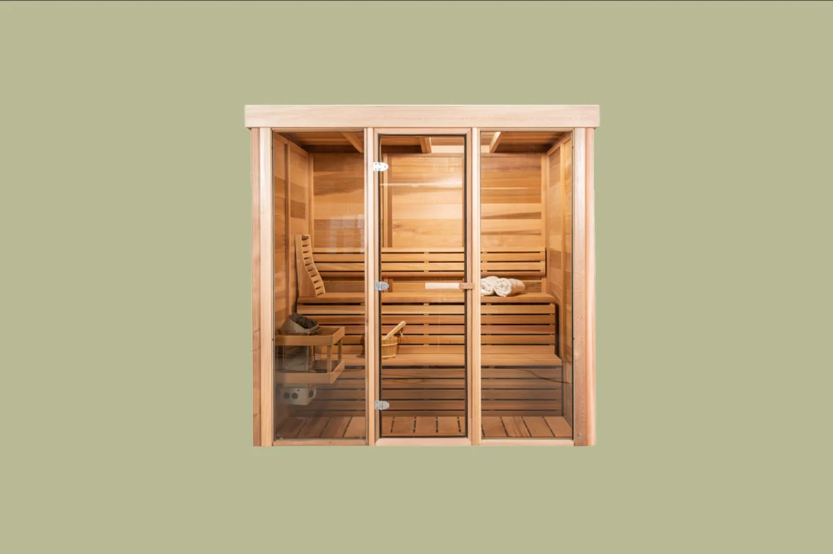 Interior view of the Pure Cube Indoor Sauna – available at Carr Bank Garden Centre, Cumbria. Pure Cube indoor sauna interior view – luxury home sauna from Carr Bank Garden Centre Cumbria