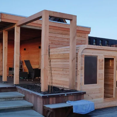 Luna White Cedar Outdoor Sauna exterior view – garden sauna from Carr Bank Garden Centre Cumbria