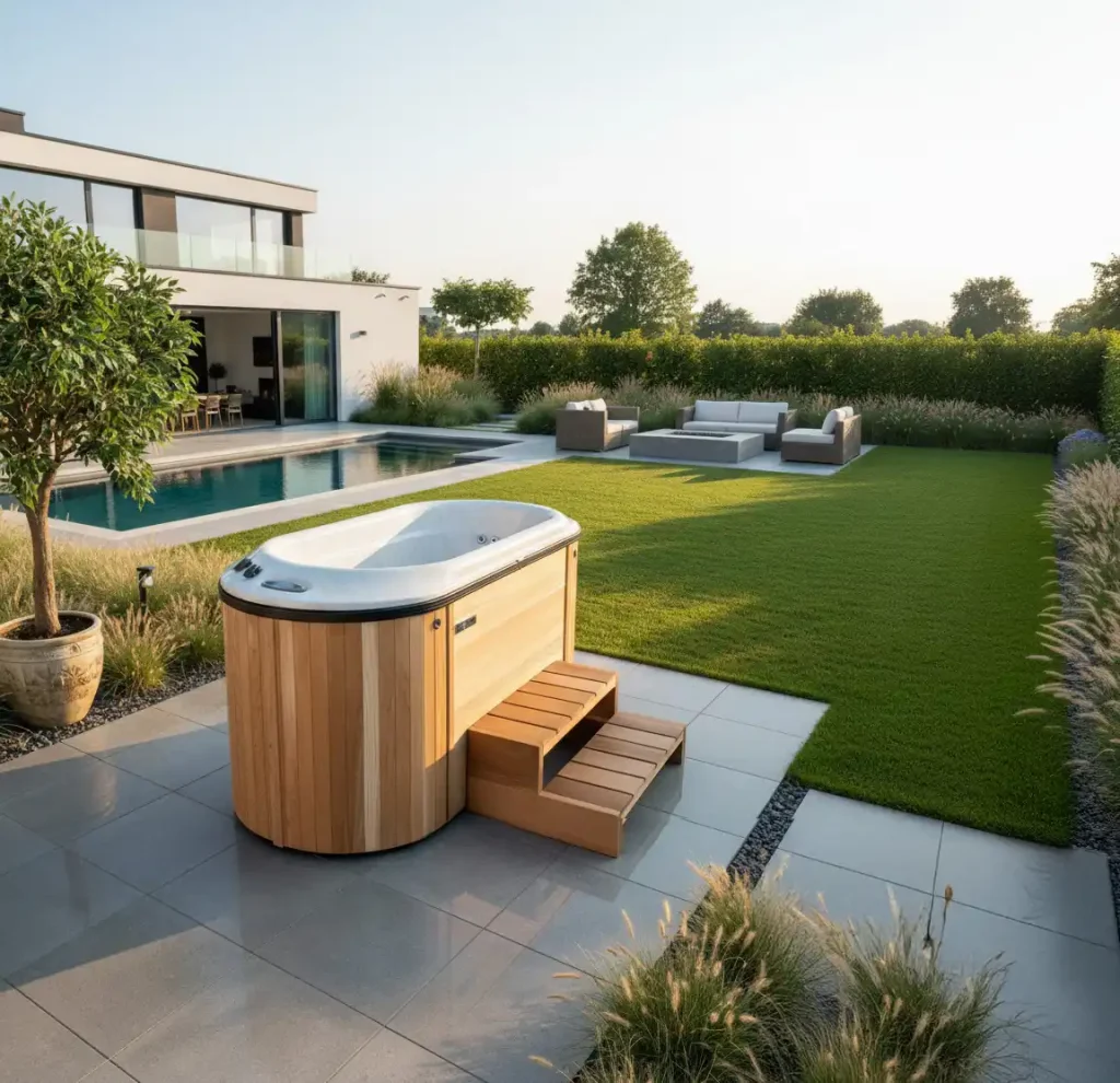 Nordic Bella Cedar Clad Ofuro Hot Tub with massage jets – luxury outdoor spa from Carr Bank Garden Centre