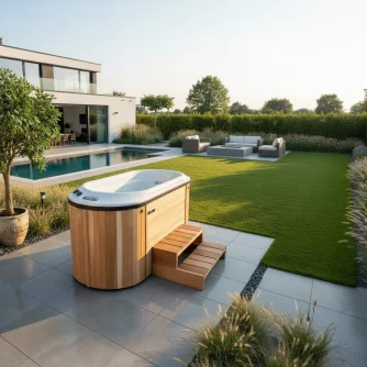 Nordic Bella Cedar Clad Ofuro Hot Tub with massage jets – luxury outdoor spa from Carr Bank Garden Centre