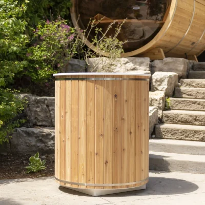 Arctic Plunge Tub exterior overview – outdoor cold water therapy tub from Carr Bank Garden Centre