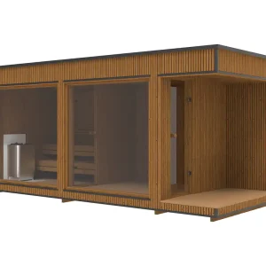 Thermowood modern outdoor sauna 230x540 second exterior view – garden sauna from Carr Bank Garden Centre