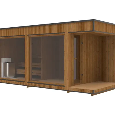 Thermowood modern outdoor sauna 230x540 second exterior view – garden sauna from Carr Bank Garden Centre
