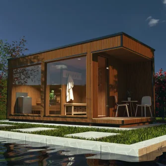 Thermowood modern outdoor sauna 230x540 exterior view – garden sauna from Carr Bank Garden Centre