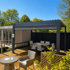 4m x 3m Nova Titan Pergola in Grey on display at Carr Bank Garden Centre