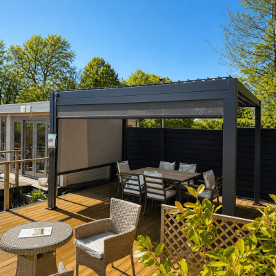 4m x 3m Nova Titan Pergola in Grey on display at Carr Bank Garden Centre