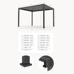 Nova Titan Pergola 3.6m × 3.6m dimensional diagram showing measurements A-P, post base detail, and bracket detail