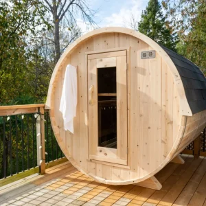 Knotty White Cedar Barrel Sauna angle view - outdoor garden sauna