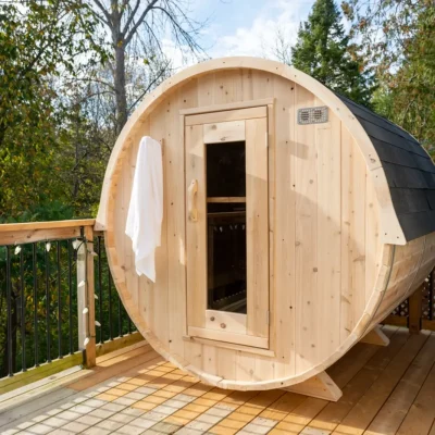 Knotty White Cedar Barrel Sauna angle view - outdoor garden sauna
