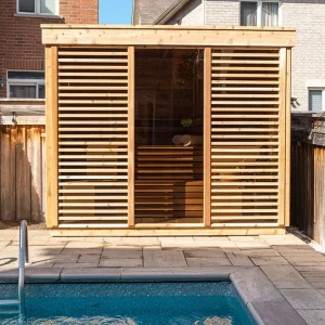 Pure Cube Red Cedar Outdoor Sauna exterior panoramic view - garden sauna Cumbria