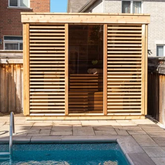 Pure Cube Red Cedar Outdoor Sauna exterior panoramic view - garden sauna Cumbria