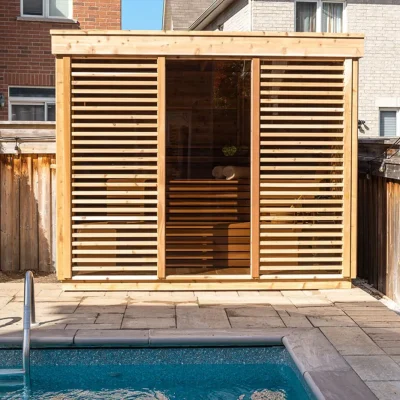 Pure Cube Red Cedar Outdoor Sauna exterior panoramic view - garden sauna Cumbria