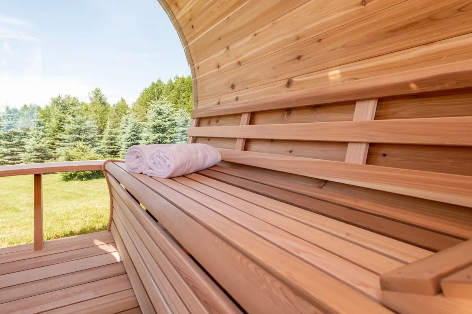 Panorama Cedar Barrel Sauna exterior angle - outdoor garden sauna Cumbria