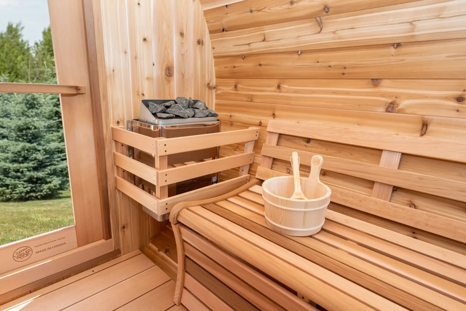 Panorama Cedar Barrel Sauna interior seating - luxury barrel sauna
