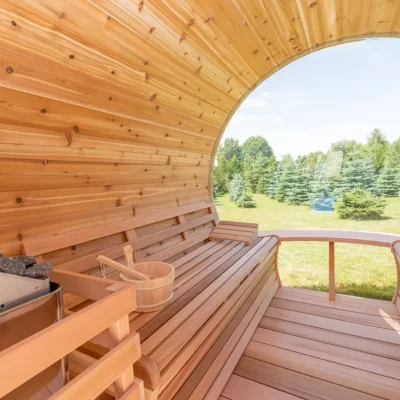 Panorama Cedar Barrel Sauna Knotty Red Cedar - premium outdoor sauna Cumbria