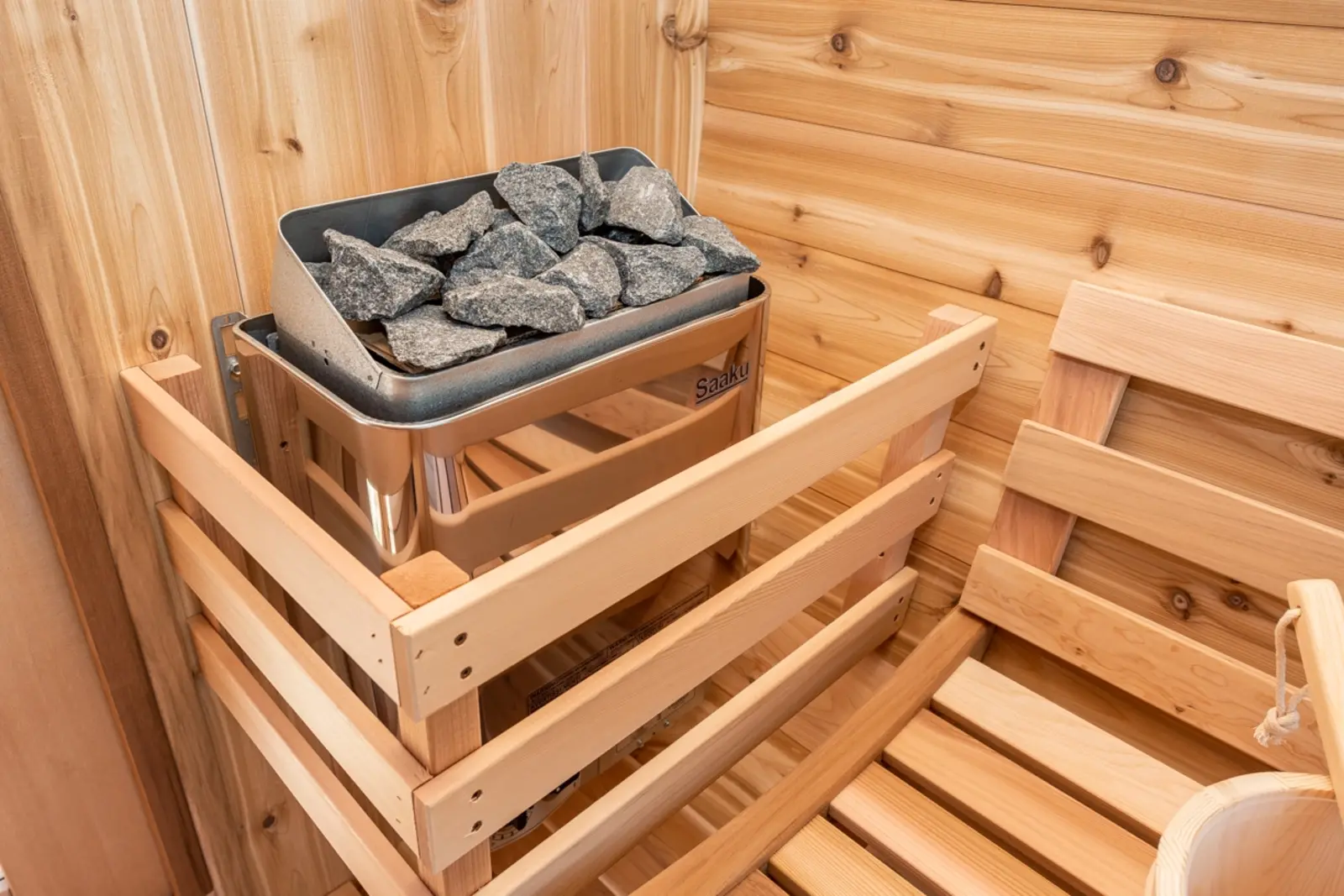 Panorama Cedar Barrel Sauna side view - Red Cedar outdoor sauna with veranda