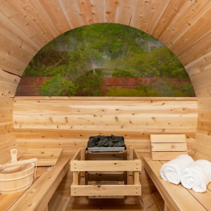 White Cedar Barrel Sauna half-moon window - private luxury garden sauna Cumbria
