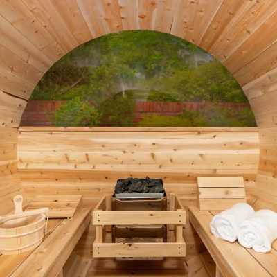 White Cedar Barrel Sauna half-moon window - private luxury garden sauna Cumbria