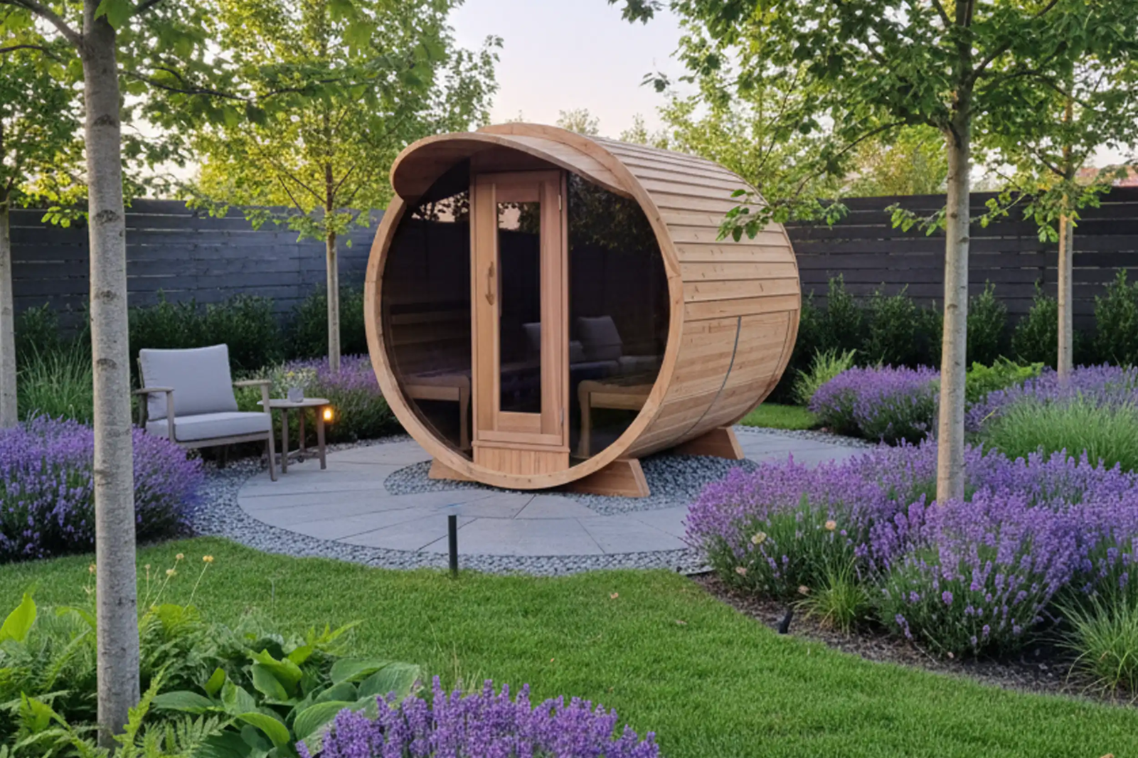 Exterior view of the Cedar Barrel Sauna in Red Cedar – available at Carr Bank Garden Centre, Cumbria. Cedar Barrel Sauna Red Cedar exterior view – outdoor garden sauna at Carr Bank Garden Centre