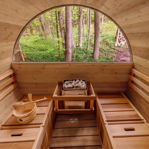 Cedar Barrel Sauna Red Cedar exterior – outdoor barrel sauna from Carr Bank Garden Centre Cumbria