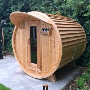 Cedar Barrel Sauna Red Cedar additional exterior view – garden sauna at Carr Bank Garden Centre