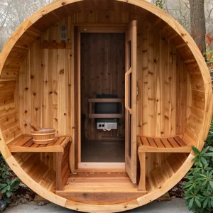 Knotty Red Cedar Barrel Sauna with veranda - outdoor sauna from Carr Bank Garden Centre