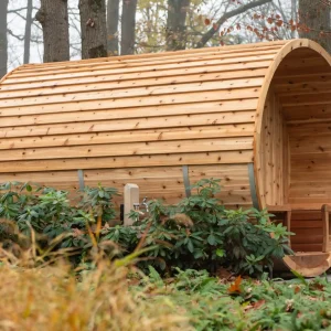Knotty Red Cedar Barrel Sauna exterior angle - luxury outdoor sauna Cumbria