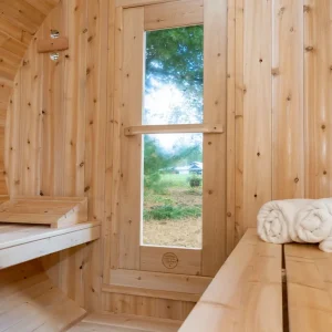 Cedar Barrel Sauna White Cedar natural wood exterior – outdoor barrel sauna from Carr Bank Garden Centre Cumbria