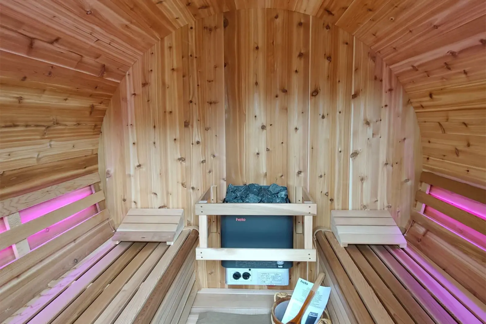 Red Cedar Barrel Sauna with premium benches - outdoor garden sauna from Carr Bank
