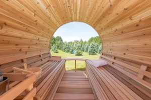Panorama Cedar Barrel Sauna interior with signature benches – luxury outdoor sauna from Carr Bank Garden Centre